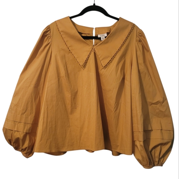 A.N.A. Wmns XL 1X Mustard Yellow Peter Pan Collar Bishop Sleeves Blouse Top - Picture 1 of 13
